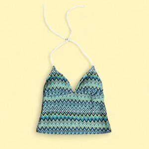 Blue and green chevron print halter top with adjustable straps and an open back
